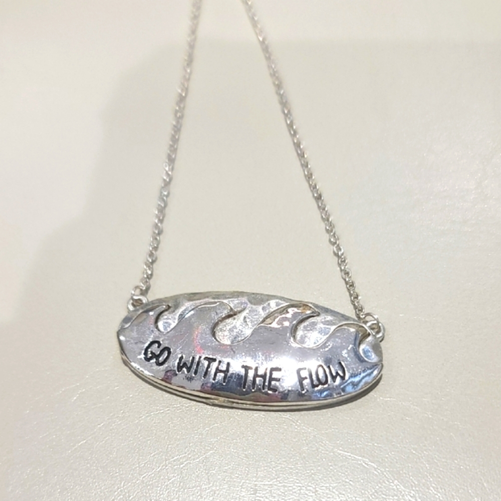 Silver wave, beachy or surfer pendant w chain. "Go With The Flow" of waves NWT. - Picture 6 of 7